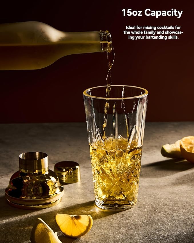 Gold Christmas & New Year Holiday Glass Cocktail&Martini Shaker-15oz, Cutting,Crafting Desgin-Exquisite for Elevated Mixology,Barware, Tableware, Kitchware, House,Espresso Funny Drink Shaker Tool.