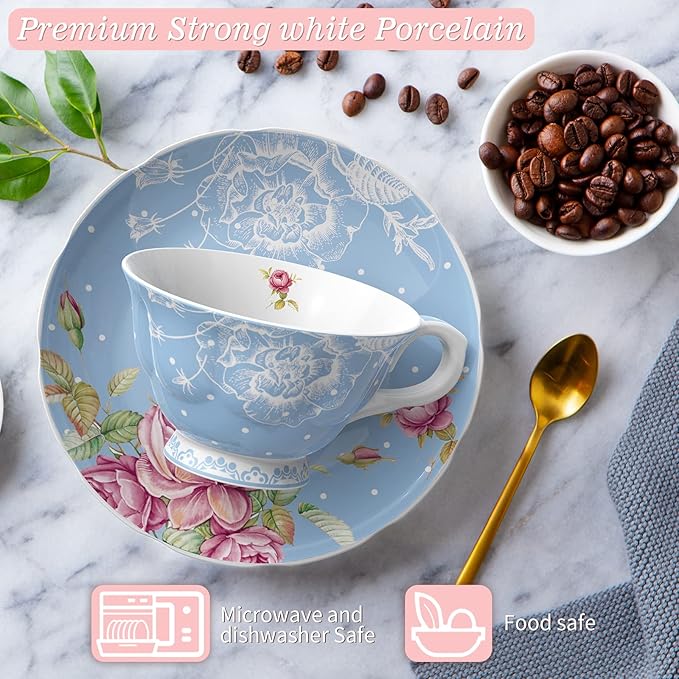 London Boutique Tea Cup and Saucer Set 1 Afternoon Tea Set New Bone China Vintage Flora Gift Box 200m (Blue)