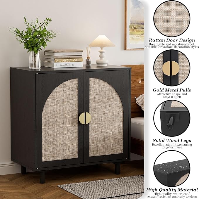 Small Buffet Cabinet, Modern Sideboard with Rattan Decorated Doors, Magnetic Latch, Adjustable Shelf, 29.8x15.7x31.5 inches, Black