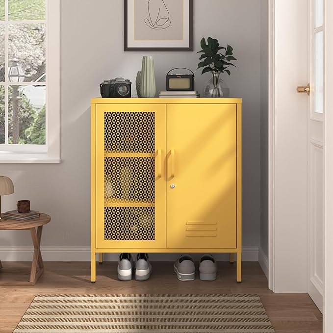 Steel Storage Cabinet Modern Metal Locker with Adjustable Shelf Lockable Storage Cabinet Metal Double Door Locker Home & Office Furniture Easy Assembly Yellow Size：33" H X 29.5" W X 13.8" D