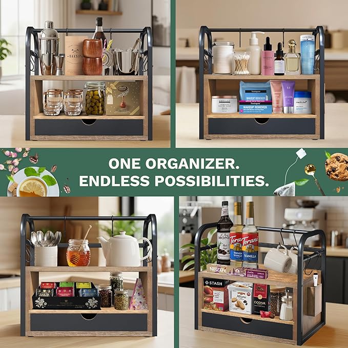 Coffee Bar Organizer for Countertop – 3-Tier Wood & Metal Shelf with Chalkboard Drawer, 6 Removable Mug Hooks, Side Caddy, Magnetic Stickers, Handle, Non-Slip Feet – Coffee & Tea Station