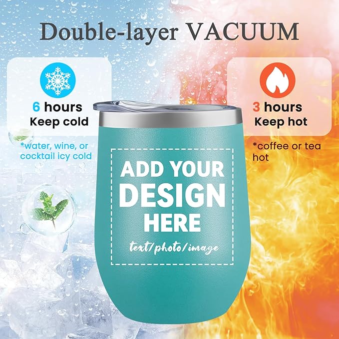 MEWAY Personalized Custom 12oz Wine Tumbler with Lid, Insulated Double Wall Vacuum Travel Tumbler Gifts with Text Photo Logo (Blue, 1pack)