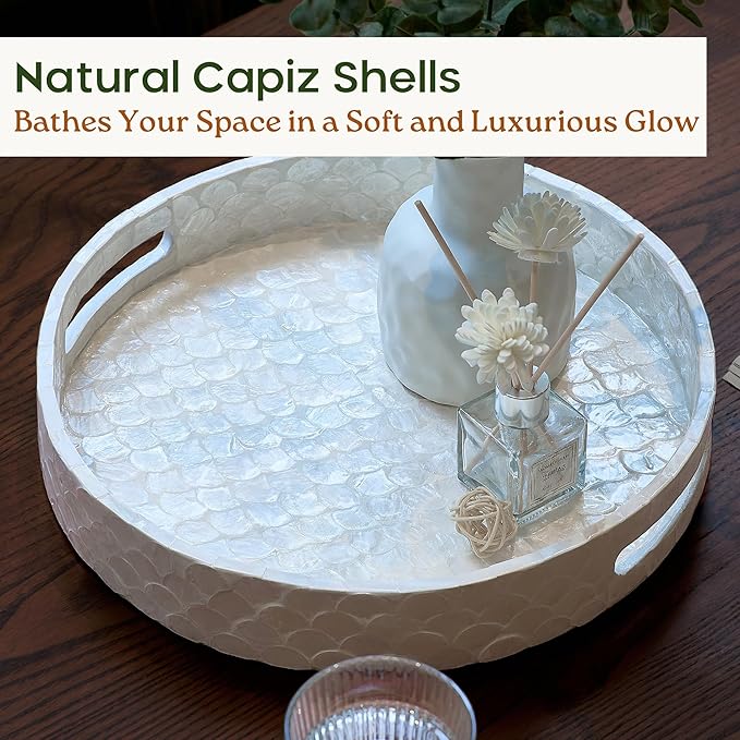 12.6 Inch Capiz Round Decorative Tray, Mother of Pearl Serving Tray with Handles for Coffee Table, Kitchen Counter, Bathroom Vanity or Dining Table Centerpiece Tray, Modern Farmhouse Decor
