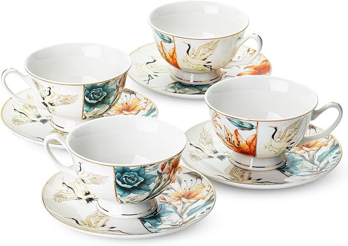 Brew To A Tea Floral Porcelain Tea Cups Set of 4, 8 oz, Cup & Saucer Sets, Tea Cup Set of 4