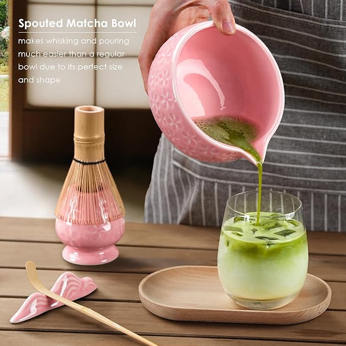 7Pcs Matcha Whisk Set, Ceramic Matcha Bowl with Spout, Bamboo Whisk and Holder,Bamboo Scoop,Scoop Rest,Sifter,Tea Towel, Matcha Kit with Cherry Blossom Carved Patterns for Matcha Lovers (Sakura Pink)