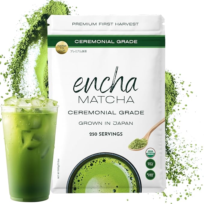 Encha Latte Grade Matcha Powder - First Harvest Organic Unsweetened Matcha Green Tea, From Uji, Japan (500g / 1lb) Premium Powder for matcha Latte, Smoothie | Caffeine, L-Theanine