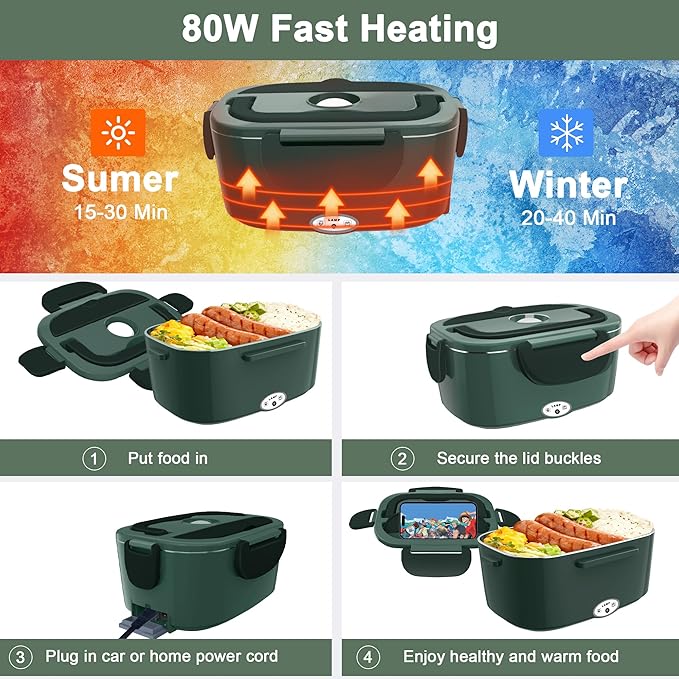 Electric Heated Lunch Boxes Adults: 80W Electric Lunch Box Food Heated 12/24/110V 1.5L Heatable Lunch Box for Car/Truck/Office Leak-Proof Stainless Steel Container,Fork & Spoon,Bag (Dark Green)