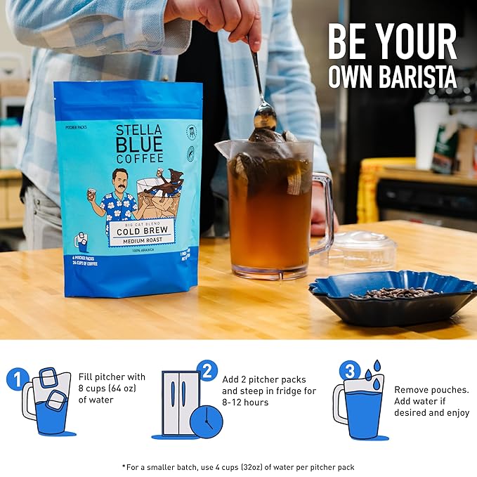 Stella Blue Cold Brew Coffee Bags, Big Cat Blend, Medium Roast Ground Coffee, Smooth, Bold and Refreshing 100% Arabica, 6 Brew Packets, Makes 24 Cups, Rainforest Alliance Certified