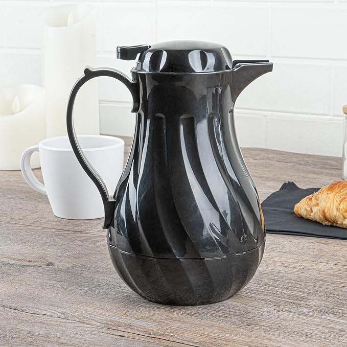 Restaurantware-Restpresso 20 Ounce Coffee Carafe, 1 Insulated Coffee Server - Push-Button Top, Swirl Design, Black Plastic Pitcher, Built-In Handle, With Identification Tags