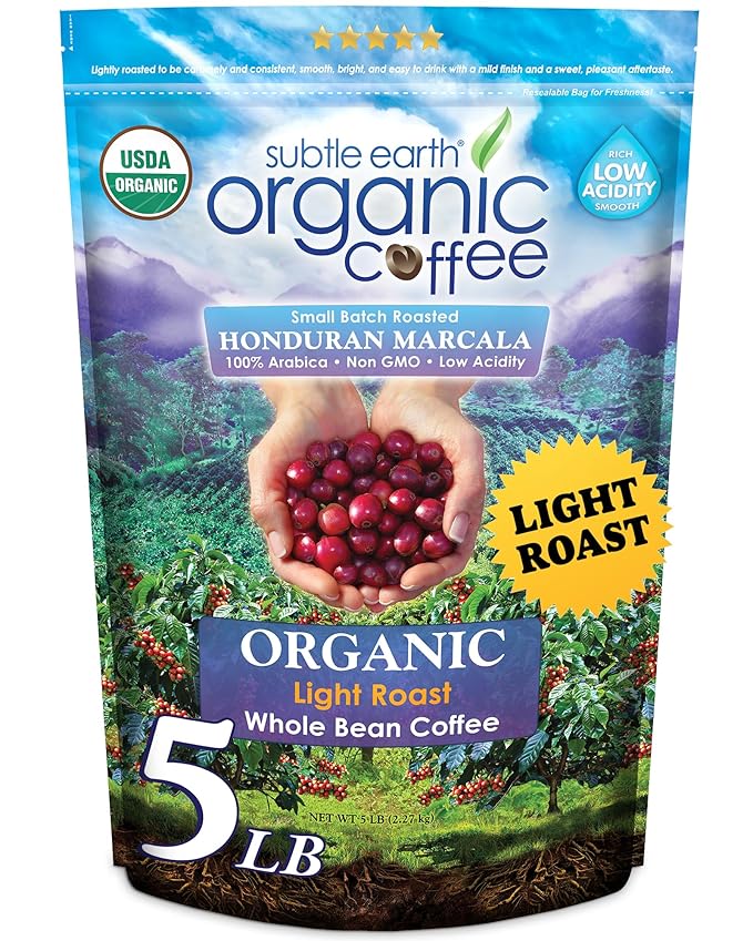 5LB Subtle Earth Organic Coffee - Light Roast - Whole Bean Coffee - 100% Arabica Beans - Low Acidity and Non-GMO - 5lb bag