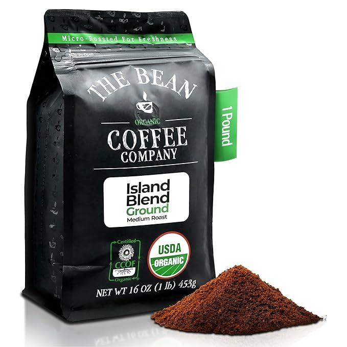 The Bean Organic Coffee Company Island Blend, Medium Roast, Ground Coffee, 16-Ounce Bag,Café molido tostado organico