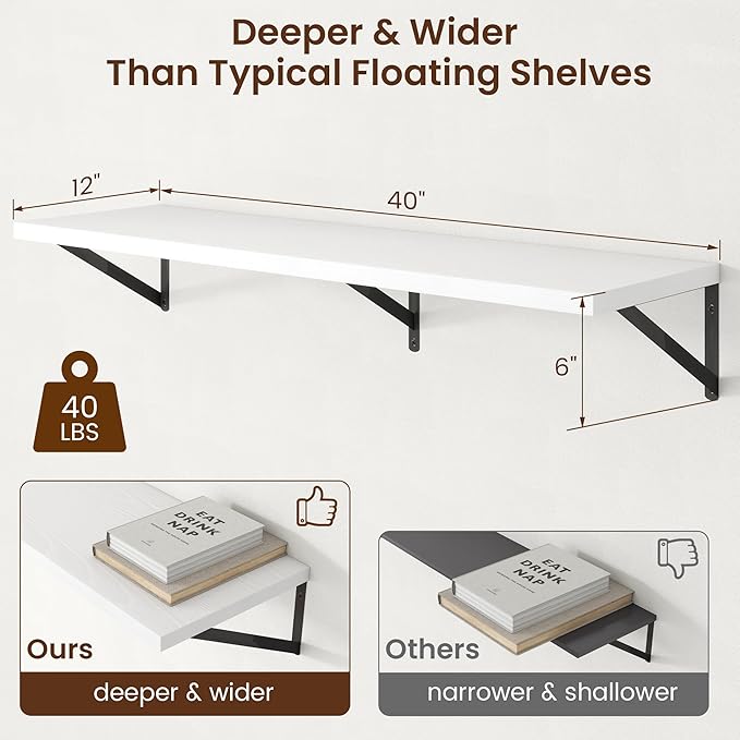 Axeman Deep Floating Shelves - 40 Inch White Floating Shelves Set of 2-12 Inch Deep Wood Wall Shelves for Living Room Bathroom Kitchen