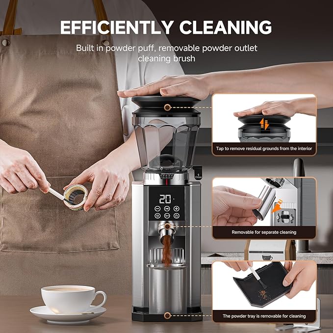 Burr Coffee Bean Grinder for Home Use with 45 Precise Grinding Settings, Espresso Grinder with Height Adjustable Funnel Stand, LED Touch Panel, Anti-static Design, Memory Mode User Friendly