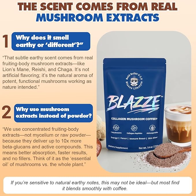 BLAZZE Mushroom Coffee,Adaptogenic 7 Mushrooms with Reishi,Lion's Mane & Chaga,Collagen Peptides, Ashwagandha,MCT,L-Theanine–Instant Coffee for Focus, Energy & & Immune Support–30 Servings