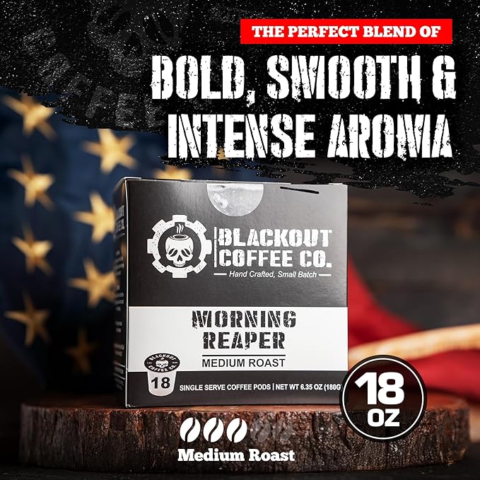 Blackout Coffee Morning Reaper Coffee pods – Medium Roast Coffee Pods, Bold & Smooth Flavor, Aromatic – 18 Count.