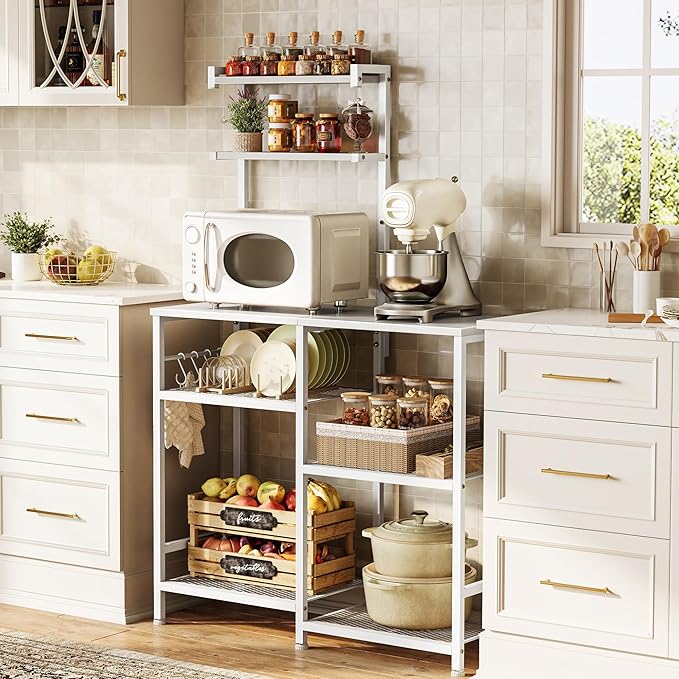 Huuger 31.5 Inch Bakers Rack with Power Outlets, Kitchen Microwave Stand with Storage, Coffee Bar with 4 Hooks, 3-Level Height Open Shelves, White