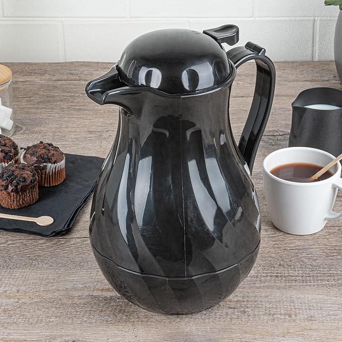 Restaurantware-Restpresso 64 Ounce Coffee Carafe, 1 Insulated Coffee Server - Push-Button Top, Swirl Design, Black Plastic Pitcher, Built-In Handle, With Identification Tags