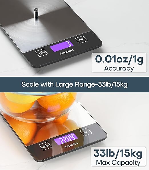 Atogou Food Scale, 33lb Rechargeable Kitchen Scale with Full-View Backlit LCD Display, Waterproof Stainless Steel Surface, Type-C Charging, Grams and Ounces for Baking, Cooking, Food Grey