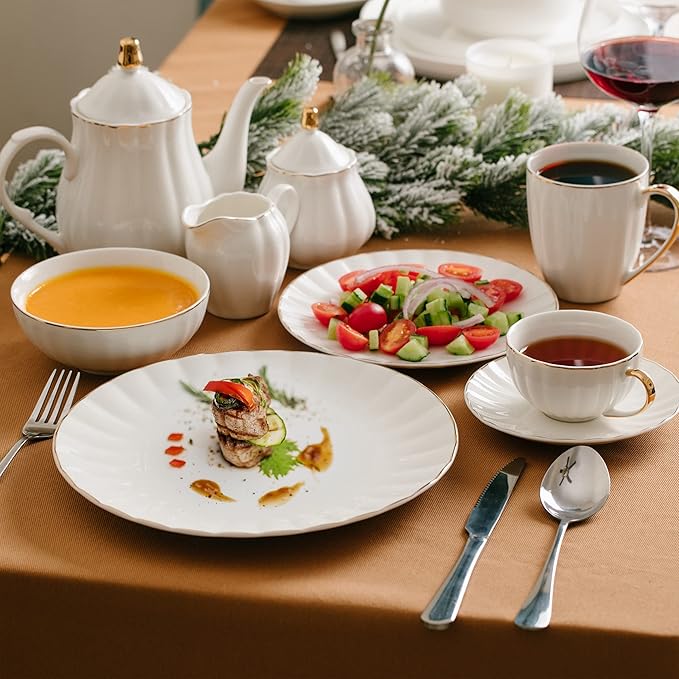 BTaT- White Tea Cups and Saucers Set of 6 (7 oz), Porcelain White Tea Cup Set with Golden Trim Design, Dishwasher Safe, Christmas Gifts