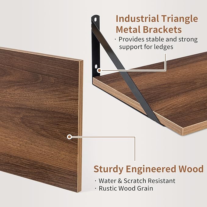 Axeman Deep Floating Shelves - 16 Inch Wide x 12 Inch Deep Walnut Wall Shelves Set of 2 - Rustic Wide Wood Wall Mounted Shelves for Room Decor & Storage