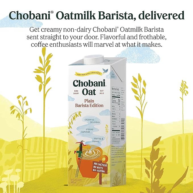 Chobani Oat Milk, Plain Oat Barista Edition, Shelf Stable Non Dairy Milk, Creamer, Vegan Friendly, Gluten-Free, 32 FL OZ (Pack-6)