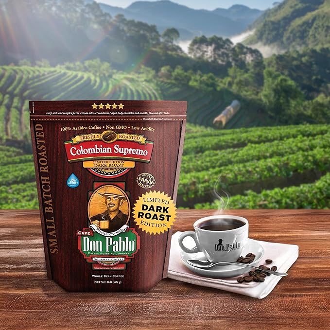 Don Pablo Colombian Supremo - Limited Edition Dark Roast Gourmet Coffee, 100% Arabica Whole Bean, Non-GMO, Low Acidity, 2 Pound (2 lb) Bag