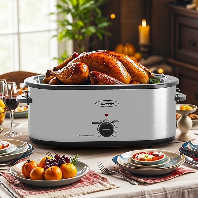 Sunvivi Electric Roaster,28 Quart Roasting Oven with Self-Basting Lid Removable Pan,Turkey Roaster Oven with 150 to 450F Temperature Control Cool-Touch Handles, Sliver