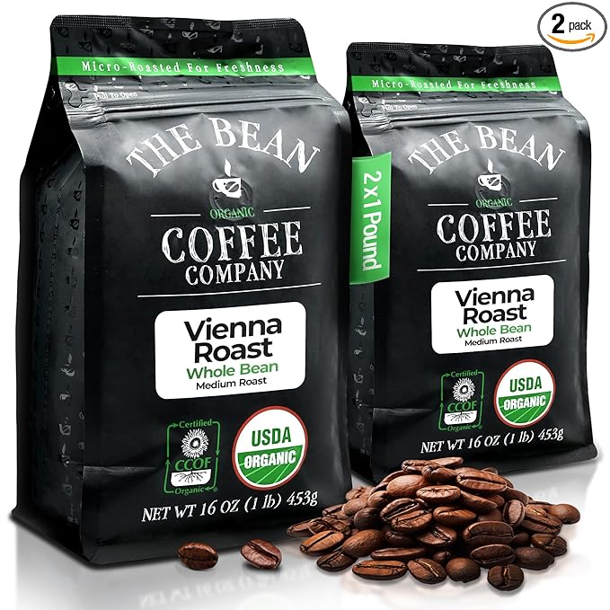The Bean Organic Coffee Company Vienna Roast, Medium, Whole Bean Coffee, 16-Ounce Bags (Pack of 2)