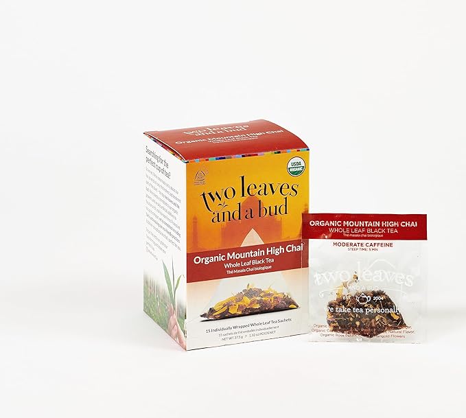 Two Leaves and a Bud Organic Mountain High Chai Tea Bags, Whole Leaf Black Tea and Spices in Compostable Sachets,15 Count (Pack of 1)