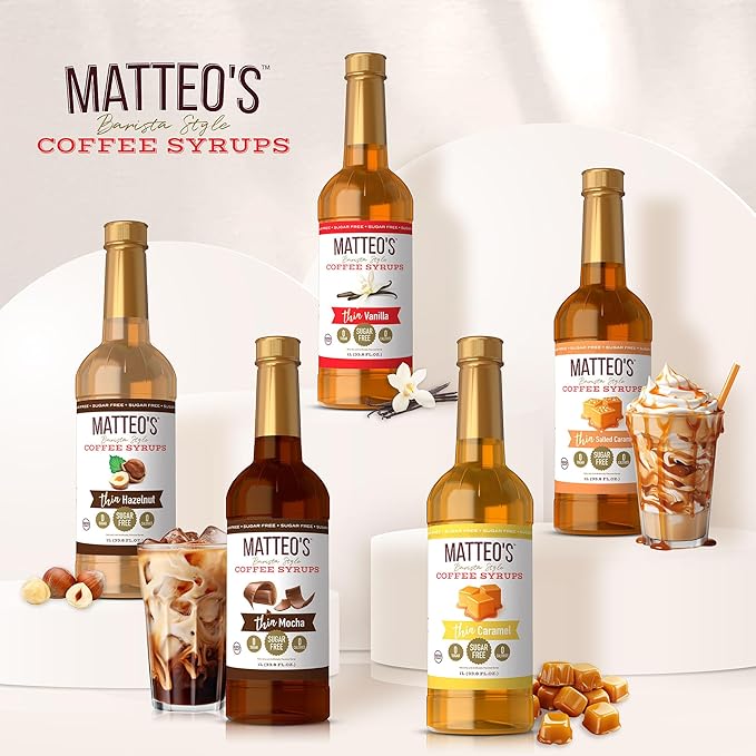 Matteo's White Chocolate Syrup for Coffee, Lattes, Cappuccinos & Desserts – Sugar-Free Sweetener for Beverages, Keto Friendly, Zero Calories, Indulgent Flavor, Non-Alcoholic, 33.8oz (6pk)