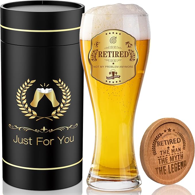 Retirement Beer Glasses Gifts, Personalized Glass Ware Set for Men, Black Gift Package with Drinking Glass, Coaster, and Farewell Card for Retired Man