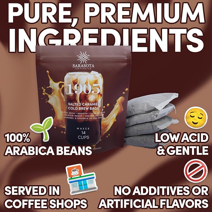 Sarasota Coffee 1905 Cold Brew Coffee Bags | Salted Caramel | Blonde-Medium Roast | Smooth & Low Acid | Ground Filter Packs | Cold Brew Kit Makes 14 Cups | Creamy Caramel & Sea Salt Notes