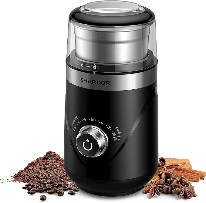 SHARDOR Electric Super Silent Blade Coffee Grinder, Timed Grind Control Rotary Knob, Adjustable Coarse to Fine for Coffee Beans, Spices & Herbs, with 1 Removable Stainless Steel Bowl, Black