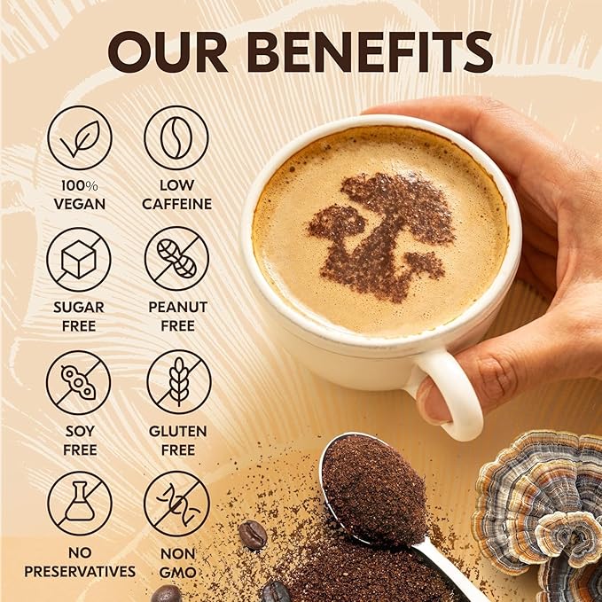 Mushroom Coffee – 10 in 1 Instant Coffee Organic Arabica - Cafe de Hongos w/Lion’s Mane, Turkey Tail, Chaga – Focus, Gut Health, Weight & Immune Support – Low Caffeine, Sugar-Free, Gluten Free 90g (Natural Pack of 1)