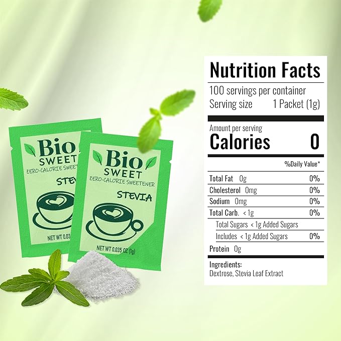 BioSweet Zero Bitterness Stevia Packets | Zero Calorie Sweetener | Non GMO, Natural, Gluten Free, Vegan | Nothing Artificial (100 Packets)