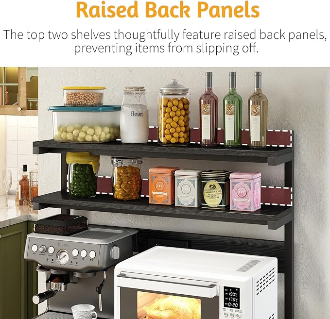 Adjustable Bakers Rack with Power Outlet,Coffee Bar Station with Led Lights,Microwave Stand with Storage,5-Tier Kitchen Shelf,Kitchen Storage Rack for Spices, Pots and Pans,Rustic Brown,Black