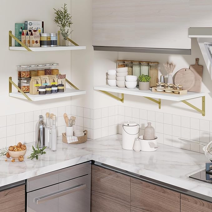 Deep Wall Shelves 12"W x 12"D Engineered Wood Floating Shelves for Wall, Sturdy Metal Bracket(Gold) Bookshelves Home Decor Storage for Living Room Bedroom Bathroom Kitchen, Set of 2, White Finish