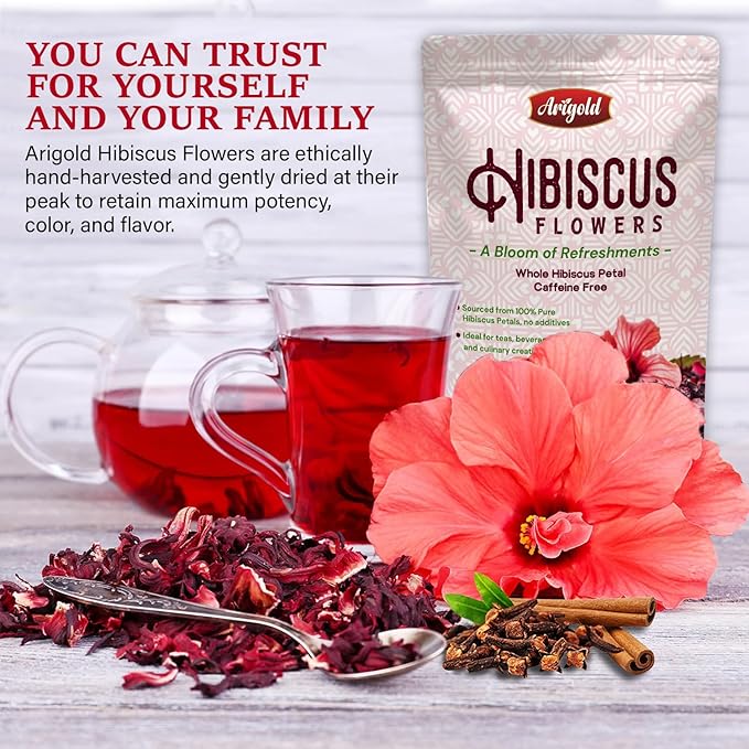 Arigold Pure Whole Petals Hibiscus Tea 1lb – Dried Hibiscus Flowers, Flor de Jamaica, Hibiscus Sabdariffa, Bissap, Sorrel, hibiscus tea loose leaf Herbal Tea for Agua Fresca, Cocktails, Iced Tea & Hot Tea | Caffeine-Free & Rich in Antioxidants.
