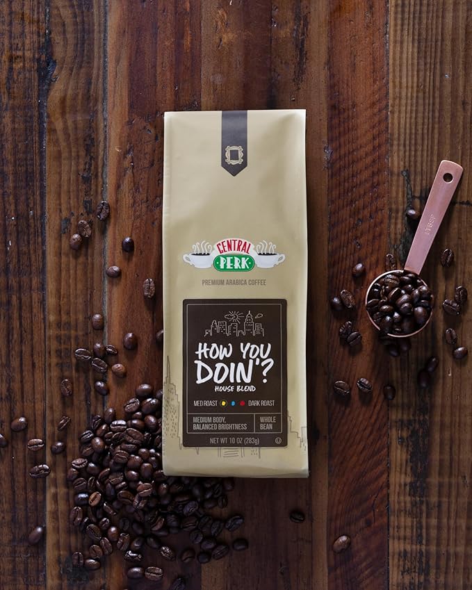 Central Perk Medium Roast Whole Bean Coffee "How You Doin" Blend - 100% Arabica Colombian & Brazilian Coffee Beans with Subtle Chocolate & Honey Notes, Smooth & Medium Body, 10oz Bag