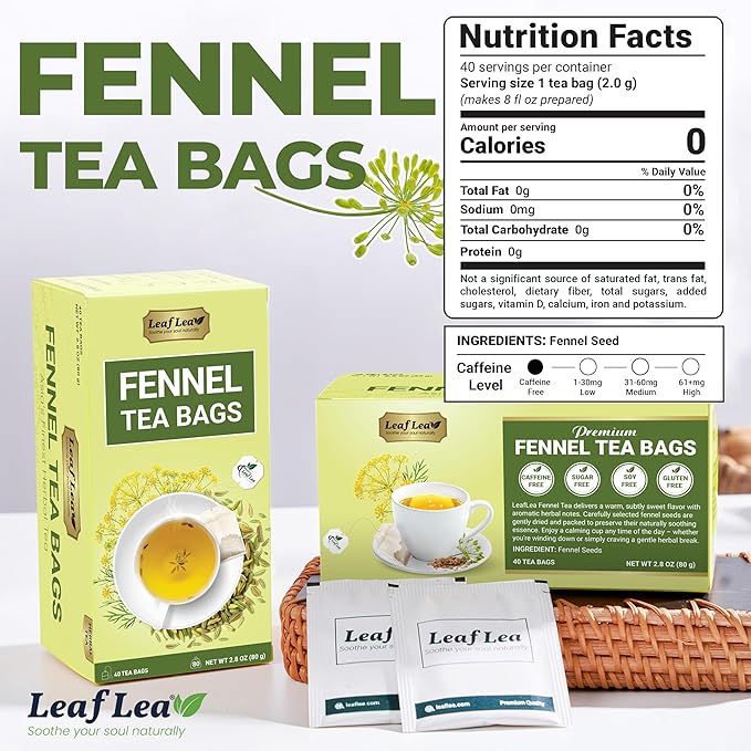 LeafLea 80 Premium Fennel Tea Bags, Pure Dried Fennel Seed Tea, Daily Ease & Balance, Naturally Sweet Taste, Caffeine-Free, Sugar-Free, Non-GMO, Vegan, Individually Wrapped