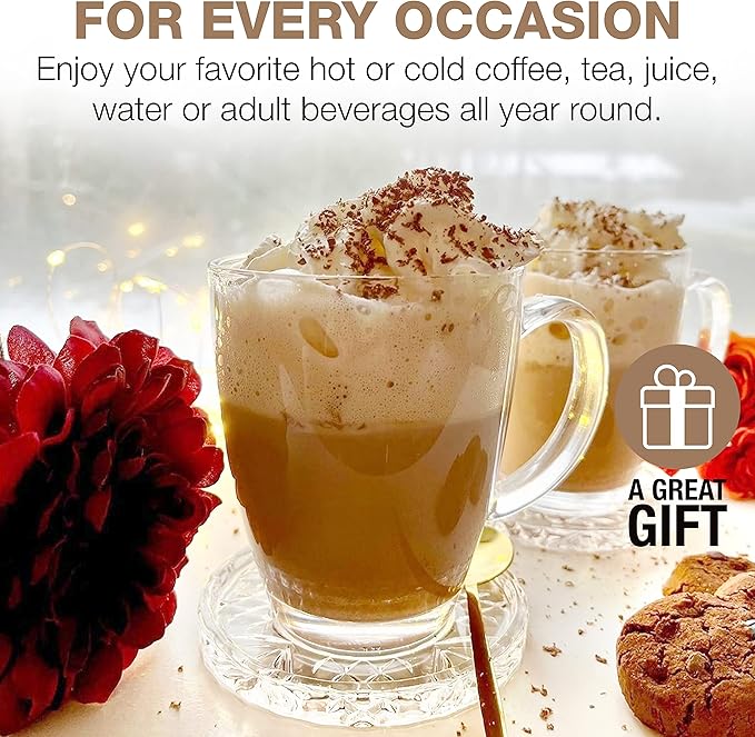 Eparé 12 oz Clear Tempered Glass Coffee Mugs Set of 6 for Hot Beverages - Durable - Giftable Tea & Coffee Glass Cup with Handle