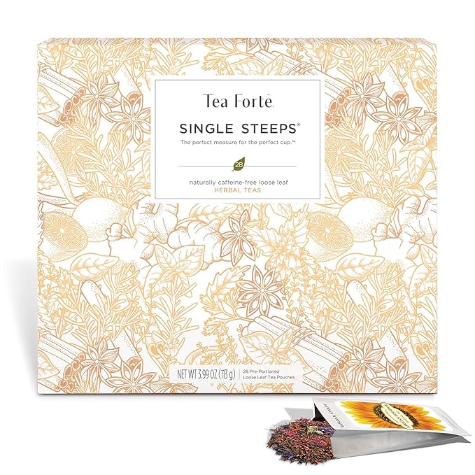 Tea Forte Herbal Tea Assortment Single Steeps Loose Leaf Premium Tea Gift Set Sampler, 28 Count, 2 of Each Assorted Blends Pre-Portioned Single Serve Pouches, Steeps 12 oz