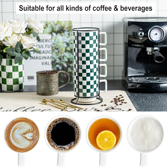 Stackable Coffee Mugs with Stand, Checkered Coffee Mug Set of 4, 11oz Espresso Cups for Beverages, Stacked Mug Set with Spoons for Christmas Housewarming Birthday Gift, Dishwasher Safe