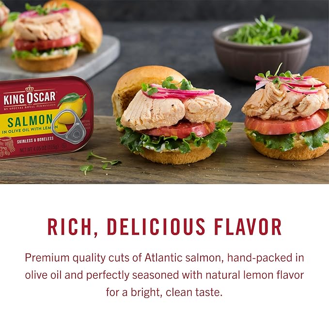 King Oscar Premium Salmon in Olive Oil with Lemon, 4.05-Ounce Cans (Pack of 12, Packaging May Vary), Skinless & Boneless Salmon