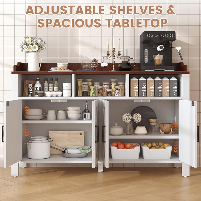 Buffet Cabinet with Storage Farmhouse with 4 Doors and 3 Open Compartments, 55'' Large Kitchen Storage Cabinet White Wood Coffee Bar Buffet Sideboard for Kitchen, Dining Room, Living Room