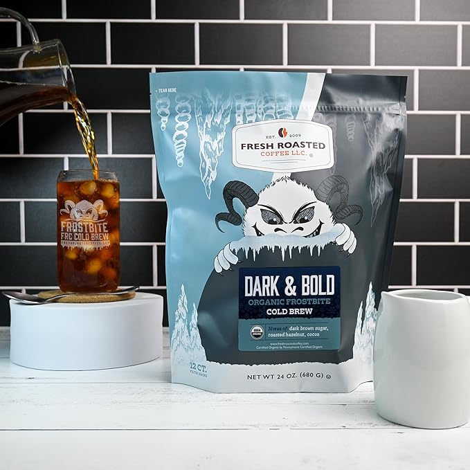 Fresh Roasted Coffee, Organic Dark & Bold Frostbite Cold Brew Coffee Filter Packs | USDA Organic, Kosher | Dark Roast, 12 Count, 24 oz
