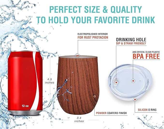 CHILLOUT LIFE 12 oz Stainless Steel Wine Tumbler with Lid - Double Wall Vacuum Insulated Wine Cup Glass Keeping Cold & Hot for Coffee, Champagne, Cocktails, Ice Cream - Wood
