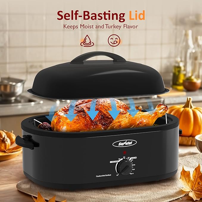 Sunvivi 20-Quart Roaster Oven with Self-Basting Lid, Electric Turkey Roaster Oven with Removable Pan and Rack, Stainless Steel, Black