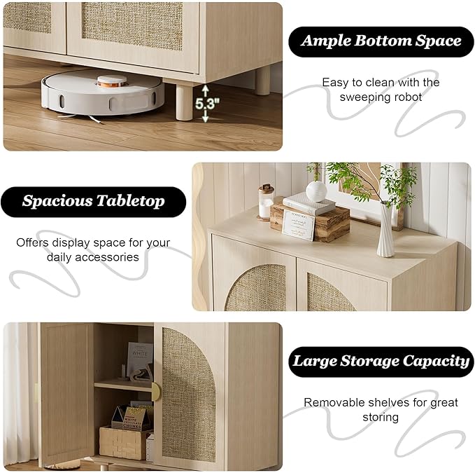 Small Buffet Cabinet with Storage, Credenza Cabinet with Rattan Decorated Doors, Magnetic Latch, Adjustable Shelf, 29.8x15.7x31.5 inches, Natural