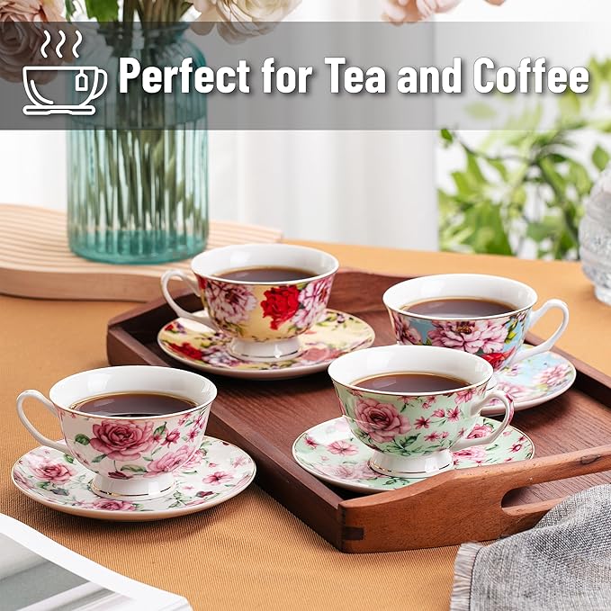 BTaT- Floral Tea Cups and Saucers with Gift Box, 8 oz, Tea Cups Set of 4, Christmas Gifts